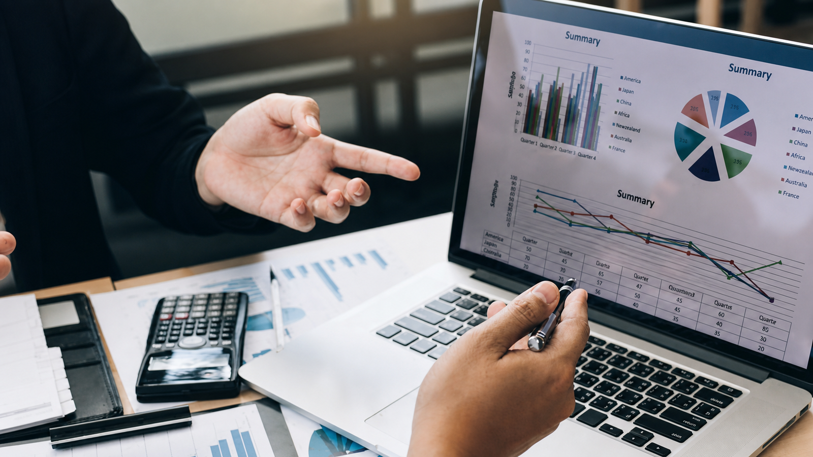 Reviewing investment charts and financial performance