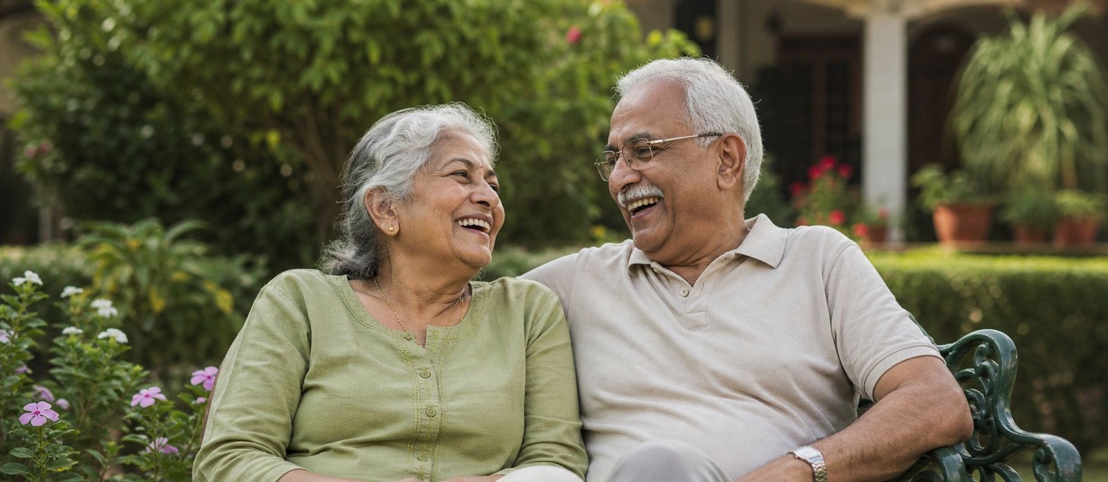 A retired couple enjoying time together in a garden