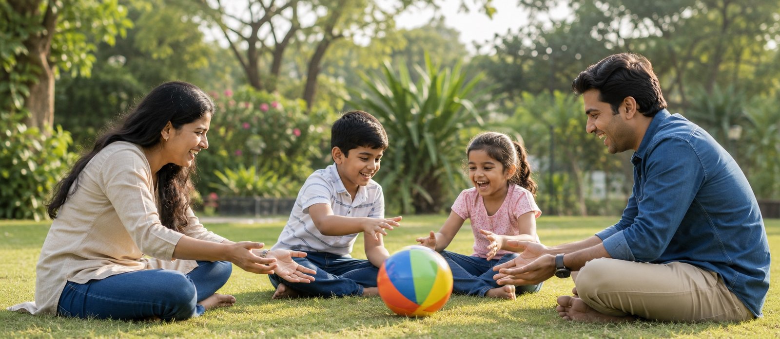 Parents playing with their children in a garden